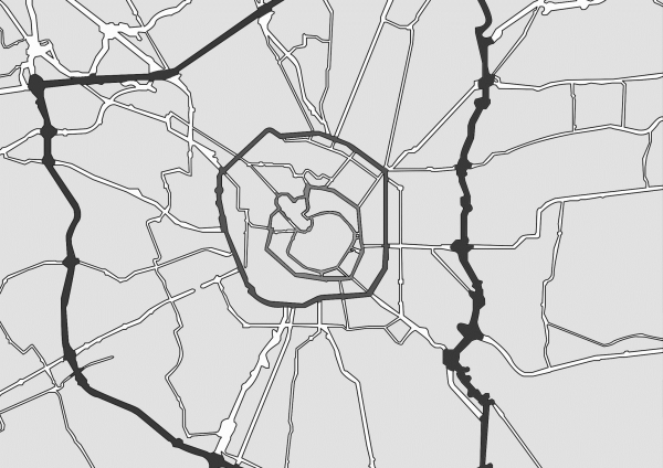 Figure 4 : Plan routier de Milan, dans lequelle les principaux axes circulaires sont mis en évidence