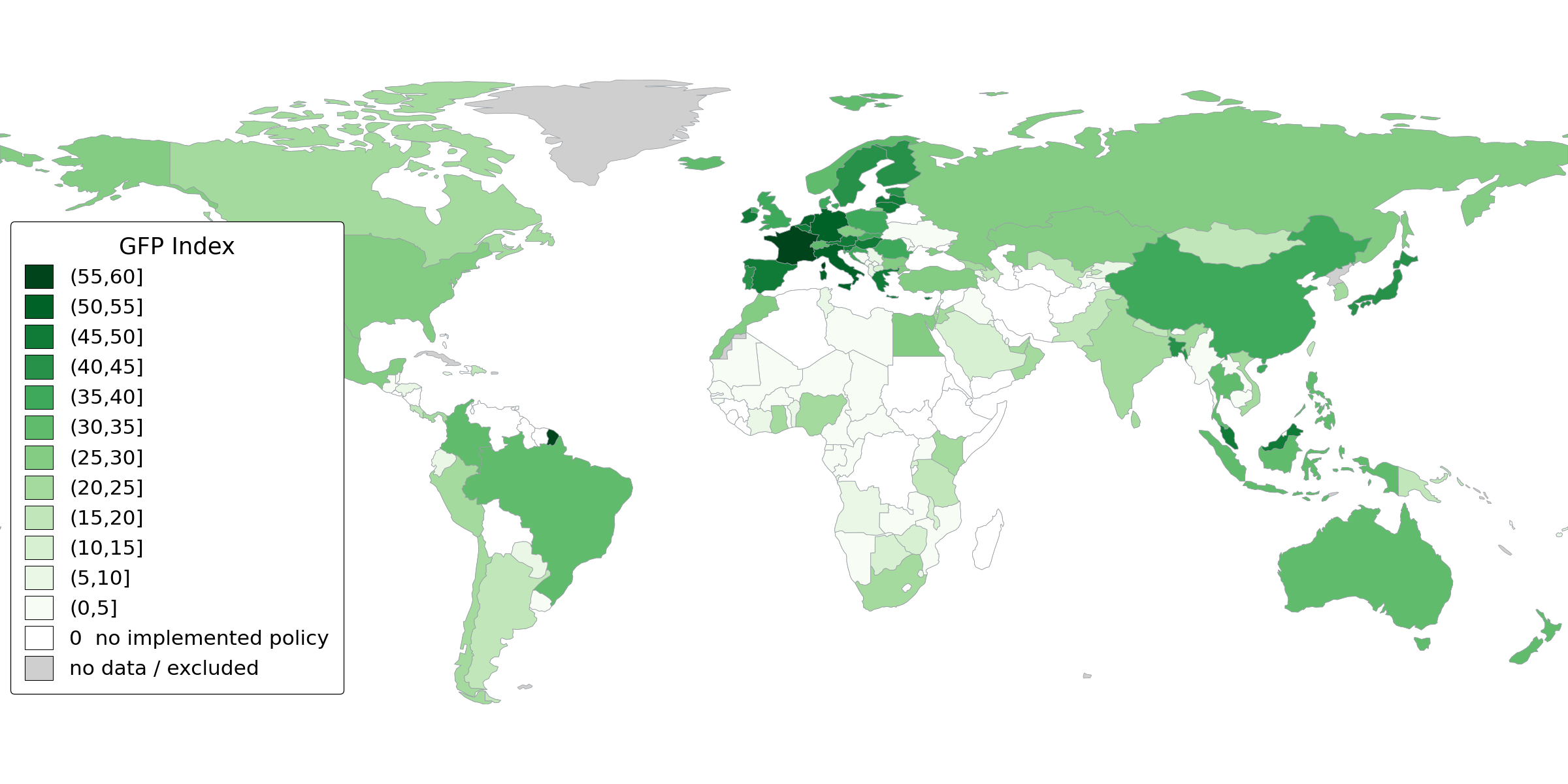 Choropleth map of GFP composite scores by country, 2024