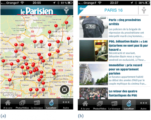Figure 2. Captures d’écran du site mobile du Parisien(a) la carte permet de visualiser la répartition des informations, (b) la visualisation suivant le clic sur l’un des marqueurs