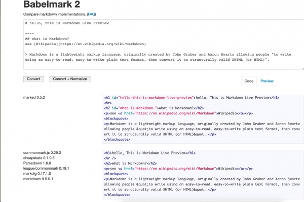 Figure 1. Babelmark2 en action : le code Markdown en haut, les premières différences de conversion en HTML en bas, avec le nom des variantes.