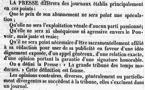 Figure 1. Extrait de « L'esprit de la rédaction » de Émile de Girardin à la une du numéro de lancement du 15 juin 1836