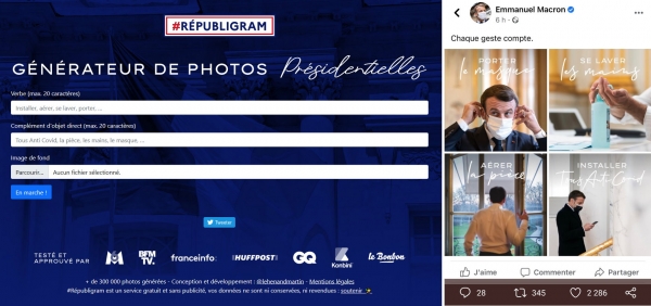 Figures 1 : Captures d’écran du « Républigram » et du post Instagram d’Emmanuel Macron (06/02/2021)