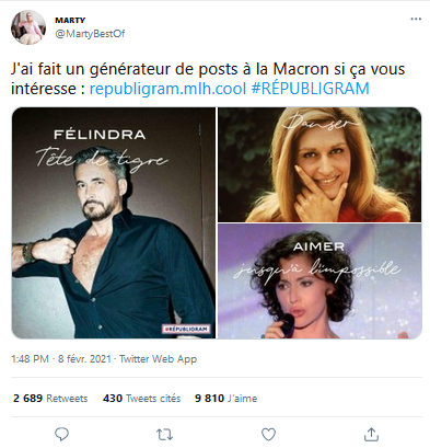 Figure 2 : Capture d’écran du tweet de Martin Le Hénand lançant le Républigram (08/02/2021)