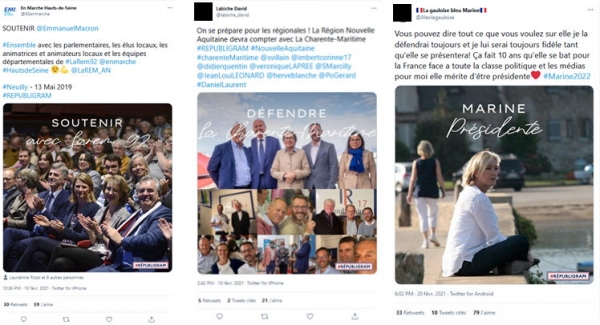 Figures 6 : Captures d’écran de tweets défendant différents modèles politiques : La République en marche, Les Républicains et Le Rassemblement national