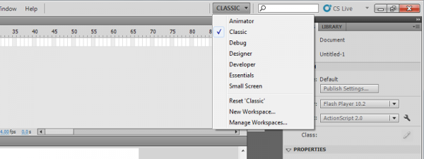 Figure 2. Adobe Flash CS5 : interface avec barre de sélection de la vue