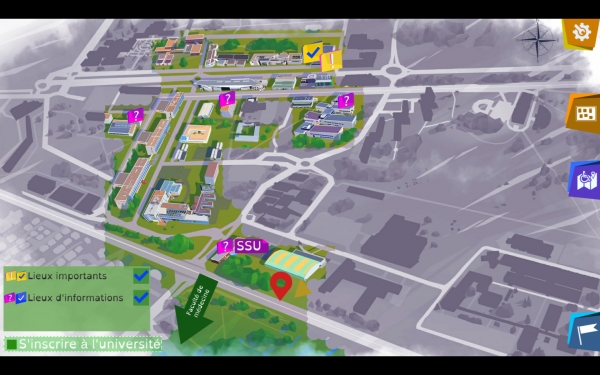 Figure 2 : Carte générale du campus utilisée pour se déplacer. En couleur les zones connues, en grisé le « brouillard » recouvrant les zones inexplorées se lève à l’approche du joueur.