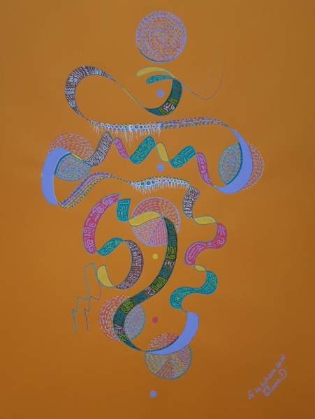 Figure 1 : Danse des sphères, dessin de Claire Damesin (2022), feutres sur papier coloré.