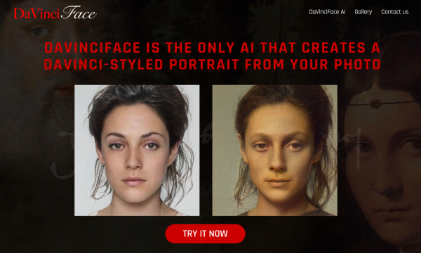 Figure 1 : Capture d’écran de la page d’accueil du site DaVinciFace. Il est ici mis en avant que c’est la seule I.A. actuelle pouvant créer un portrait dans le style de De Vinci à partir d’une photo.