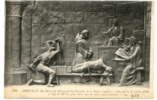 Abbeville. - Bas-relief du Chevalier de la Barre, supplicié à Abbeville le 1er juillet 1766 à l'âge de 19 ans, pour avoir omis de saluer une procession