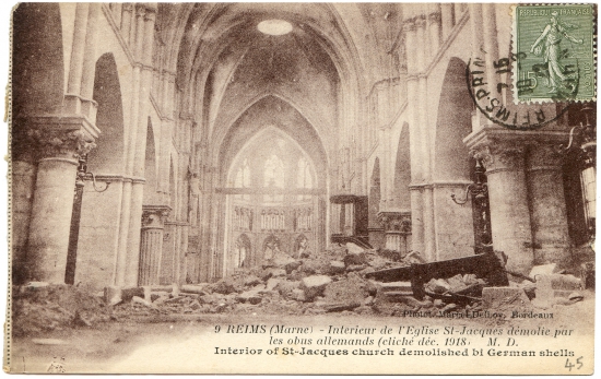 Reims (Marne) - Intérieur de l'Eglise St-Jacques démolie par les obus allemands (cliché déc. 1918)