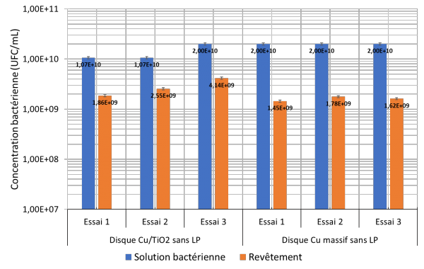Figure 5 : Comparaison des propriétés antibactériennes des disques Cu/TiO2 et cuivre massif.