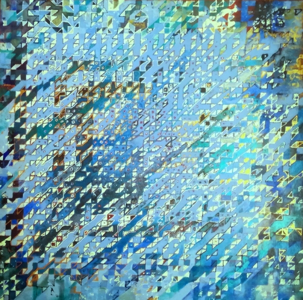 Figure 1 : Let All Blues Rejoice, acrylique sur toile, 120 × 120 cm, Reg Alcorn (2019)