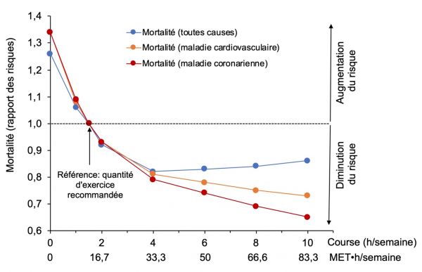 Figure 1 : Relation dose-effet entre la quantité d’exercices physiques et la réduction de la mortalité