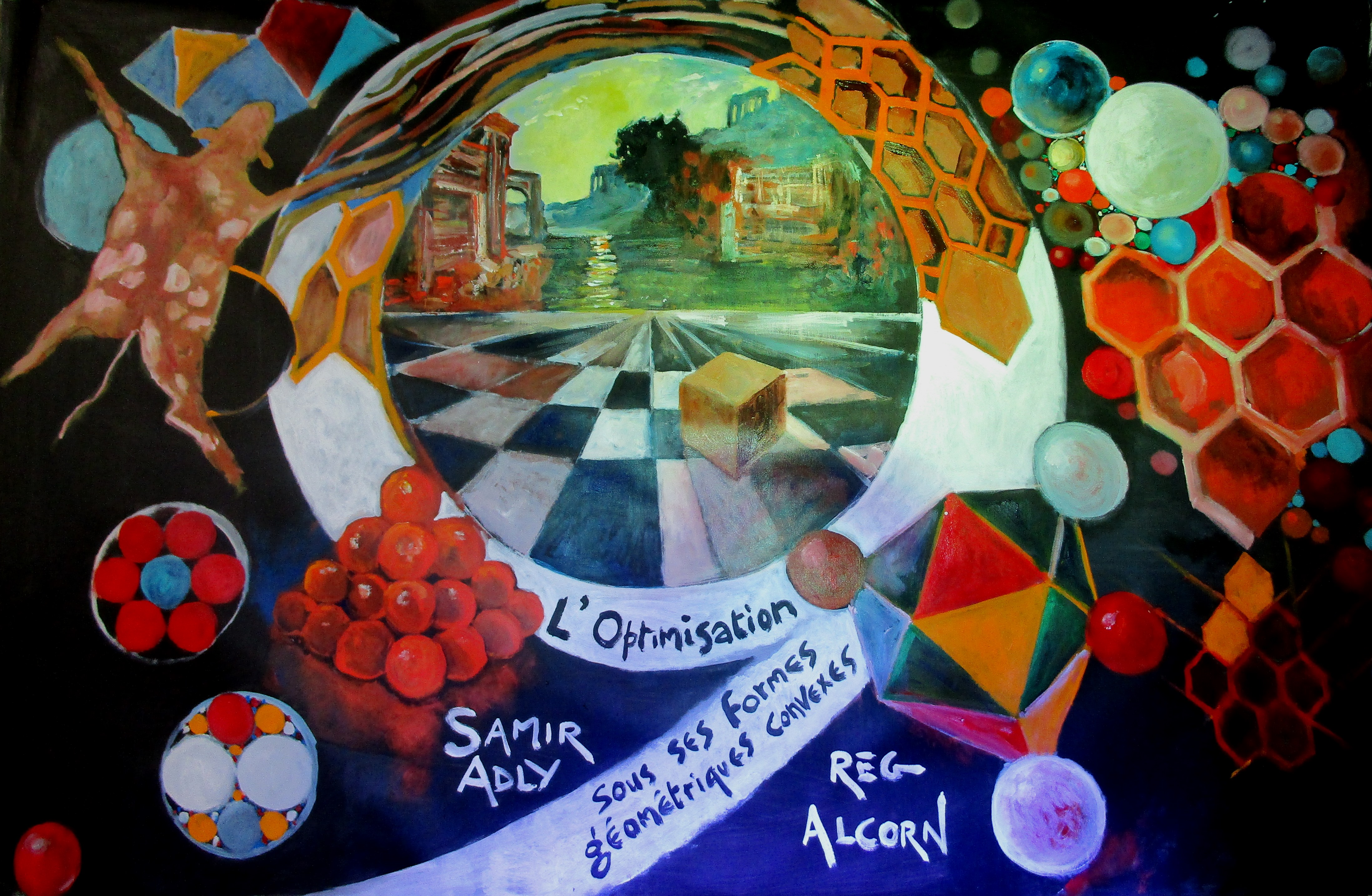 Painting combining honeycombs, packed spheres, geometric solids, curved shapes, a cityscape, and a hand holding a polyhedron