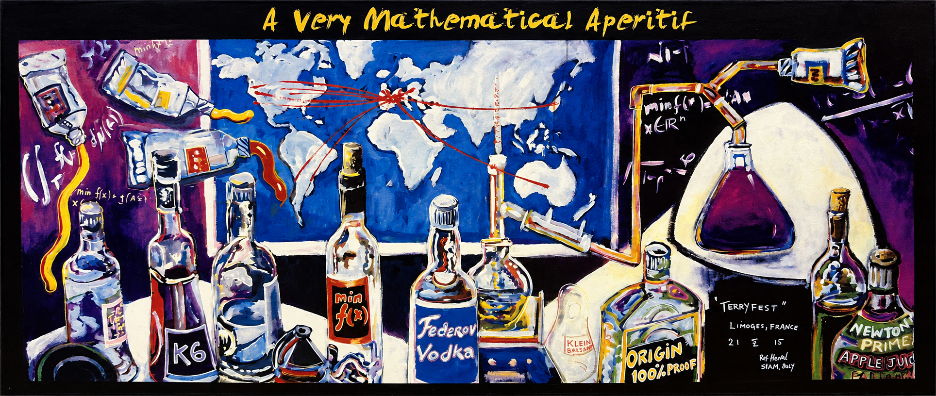Painting of bottles and laboratory glassware filled with mathematical references beneath a world map whose routes converge on Limoges