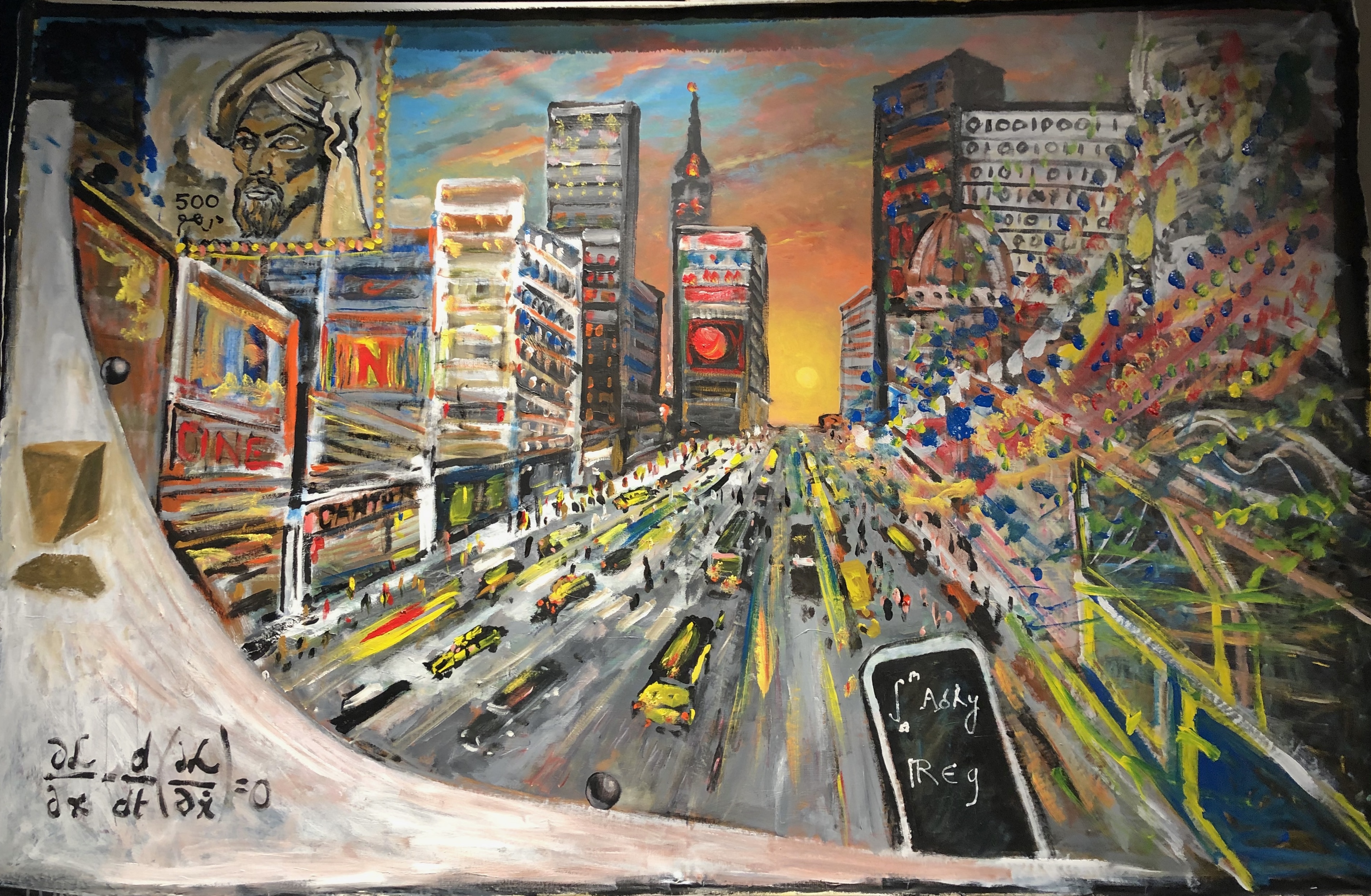 Painting combining a contemporary cityscape, Al-Khwarizmi, binary code, mathematical equations, traffic, and modern technology