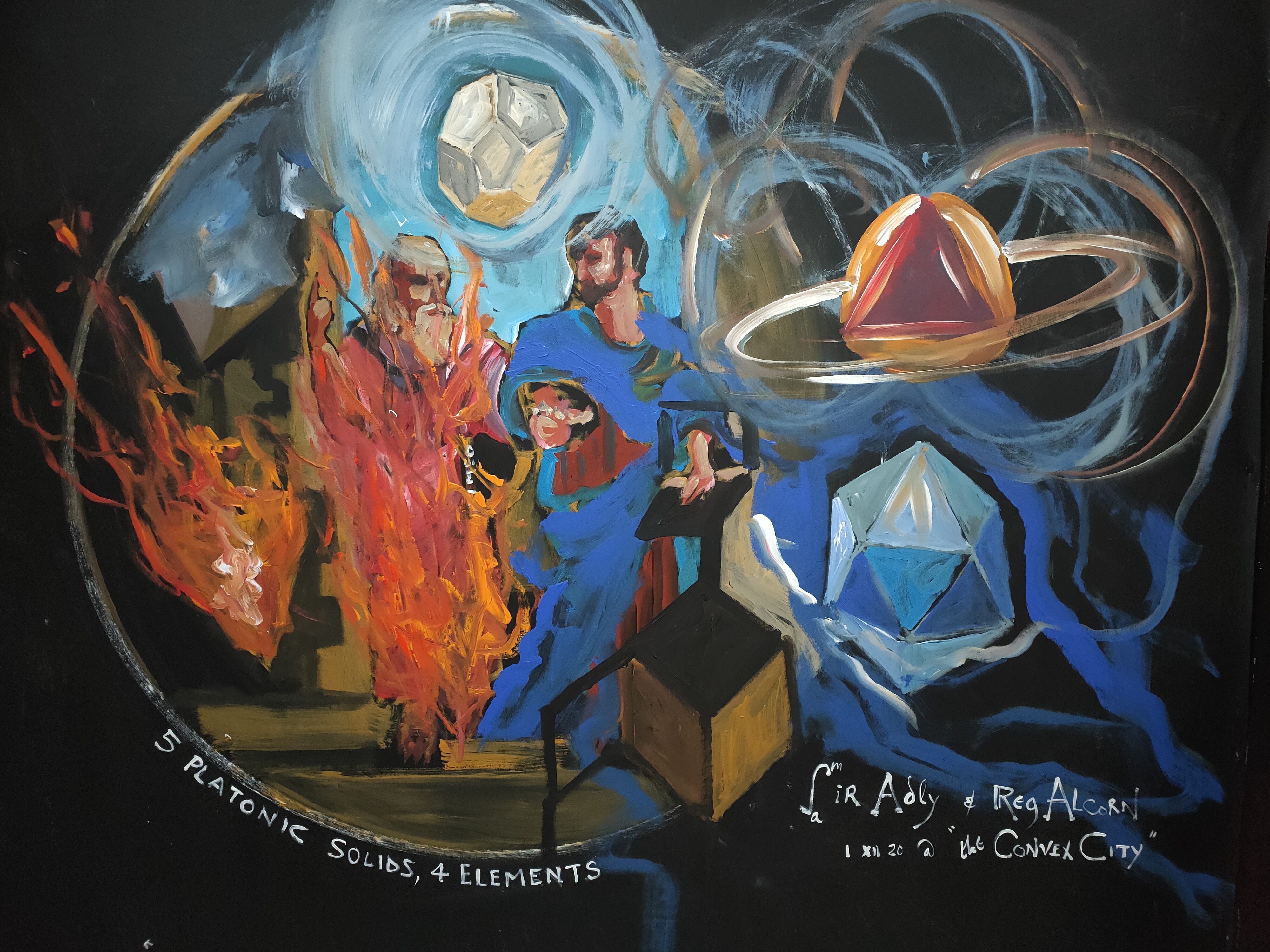 Painting of the five Platonic solids, figures studying geometry, flames, and celestial rings against a dark background