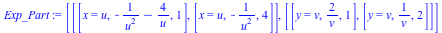 [[[x = u, `+`(`-`(`/`(1, `*`(`^`(u, 2)))), `-`(`/`(`*`(4), `*`(u)))), 1], [x = u, `+`(`-`(`/`(1, `*`(`^`(u, 2))))), 4]], [[y = v, `+`(`/`(`*`(2), `*`(v))), 1], [y = v, `/`(1, `*`(v)), 2]]]