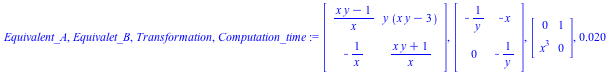 Equivalent_A, Equivalet_B, Transformation, Computation_time := Matrix(%id = 18446744078265566382), Matrix(%id = 18446744078265566502), Matrix(%id = 18446744078265566622), 0.20e-1
