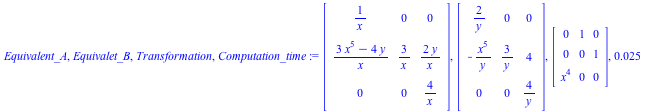 Equivalent_A, Equivalet_B, Transformation, Computation_time := Matrix(%id = 18446744078265569022), Matrix(%id = 18446744078265569142), Matrix(%id = 18446744078272774142), 0.25e-1