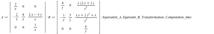 A := Matrix(%id = 18446744078272778958); -1; B := Matrix(%id = 18446744078272779078); -1; Equivalent_A, Equivalet_B, Transformation, Computation_time := LeveltPfaff(A, B, x, y, 10, 10); 1