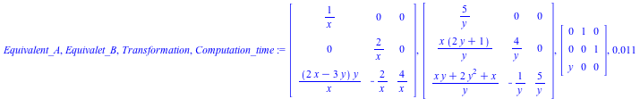 Equivalent_A, Equivalet_B, Transformation, Computation_time := Matrix(%id = 18446744078272780398), Matrix(%id = 18446744078272780518), Matrix(%id = 18446744078272780638), 0.11e-1