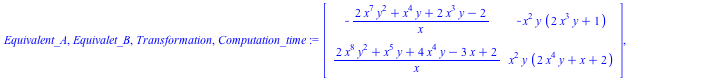 Equivalent_A, Equivalet_B, Transformation, Computation_time := Matrix(%id = 18446744078272785814), Matrix(%id = 18446744078272785934), Matrix(%id = 18446744078272786054), 0.32e-1