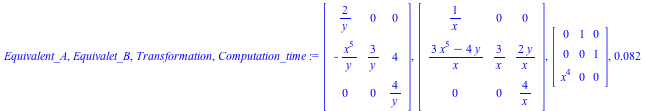 Equivalent_A, Equivalet_B, Transformation, Computation_time := Matrix(%id = 18446744078272807510), Matrix(%id = 18446744078272807630), Matrix(%id = 18446744078272807750), 0.82e-1