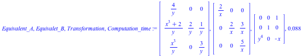 Equivalent_A, Equivalet_B, Transformation, Computation_time := Matrix(%id = 18446744078272810630), Matrix(%id = 18446744078272810750), Matrix(%id = 18446744078272810870), 0.88e-1