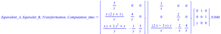 Equivalent_A, Equivalet_B, Transformation, Computation_time := Matrix(%id = 18446744078272834486), Matrix(%id = 18446744078272834606), Matrix(%id = 18446744078272834726), 0.40e-1