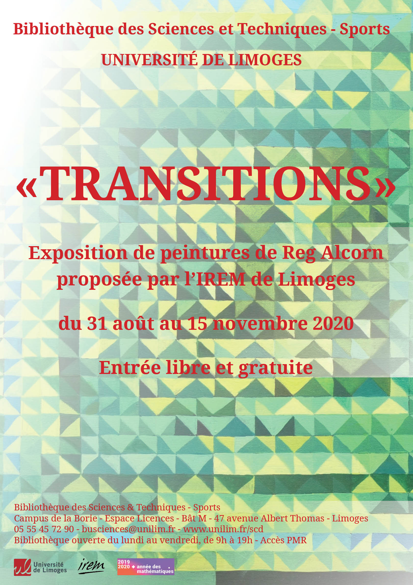 Affiche de l'exposition Transitions de REg Alcorn et de l'IREM de Limoges