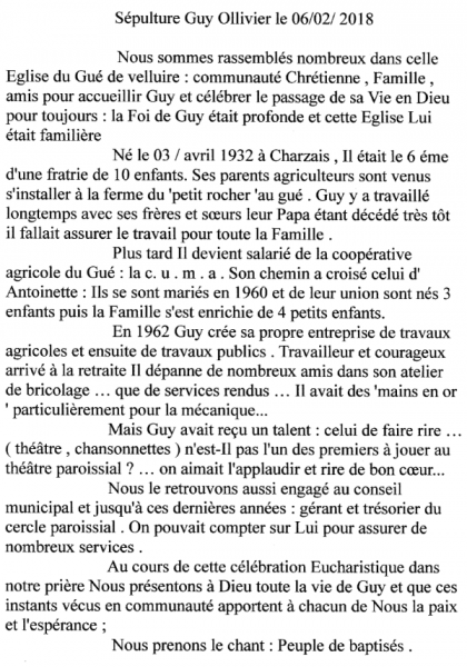 Église du Gué de Velluire, le 6 février 2018 : éloge funèbre rédigé et lu par Marie-Jo Gaignet (née Roussies)