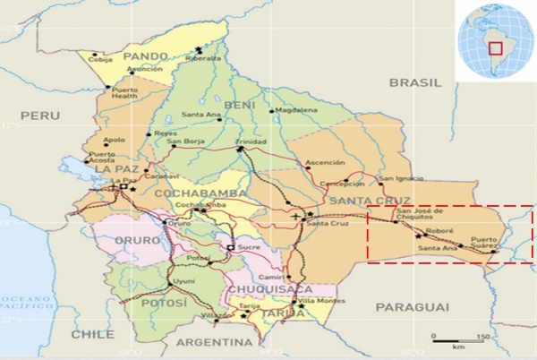 Figura 1. Localização do departamento de Santa Cruz, San José de Chiquitos e Puerto Suárez, na atual Bolívia. Ligando as cidades tem-se a Estrada de Ferro Brasil-Bolívia.