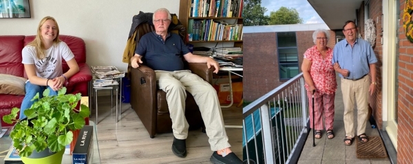Izquierda: En su pequeño apartamento dentro de las residencias en Hoorn, Hans Vermie en compañía de Maaike, la joven enfermera quien tiene a cargo su cuidado.Derecha: vecinos de Hans que viven en pareja dentro de la residencia para adultos mayores. 