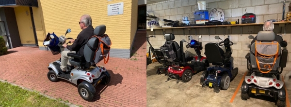 Izquierda: Hans en su carro eléctrico para personas con movilidad reducida. Derecha: aparcadero dentro de las residencias de sus vehículos eléctricos