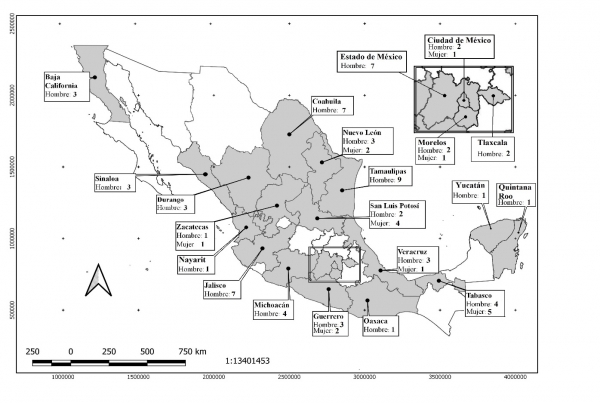Figura 3: Distribución territorial de casos de tortura identificados en México por la CNDH (2005-2020)