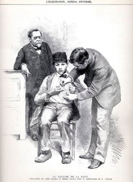 Fig. 2 La vaccination de la rage. Inoculation du virus rabique au berger Jupille dans le laboratoire de M. Pasteur (L’illustration, gravure de la page de couverture, 7 novembre 1885)
