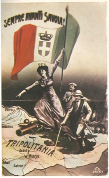 Fig. 2. Carte postale de propagande pour la guerre italo-turque « Sempre avanti Savoia ! » (1911)