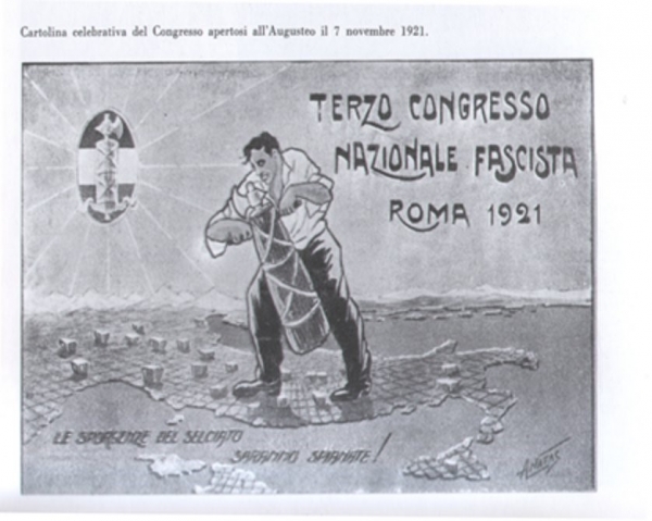 Fig. 4. Carte postale Terzo congresso nazionale fascista, Roma 1921 : « Le sporgenze del selciato saranno spianate! »